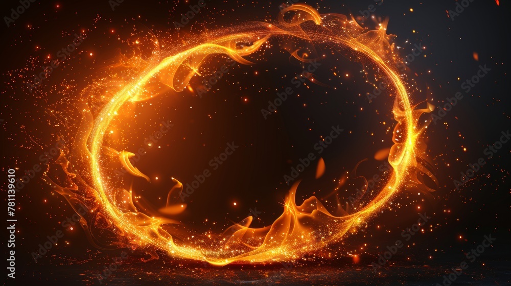 Poster a magic round frame with glow lights and swirl trails on a transparent background. illustration in m