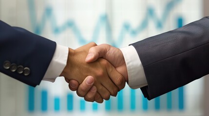 A handshake between two professionals with a graph chart in the background showing upward growth, symbolizing the success achieved through partnership.
