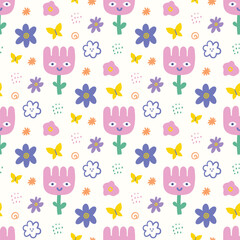 Spring flower seamless patterns in doodle style