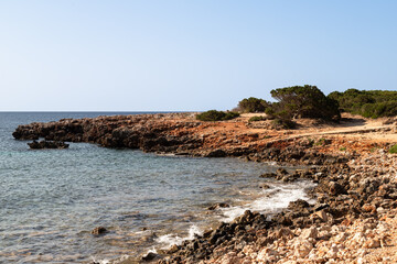 Rugged coast at Son Xoriguer in the southwest of the Spanish island of Minorca.