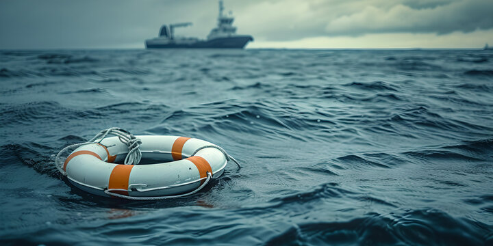  life preserver in the ocean with a large boat in the background,  trapped emotions , dark orange, Lifebuoy , Search and rescue operation , blur background , cloudy sky , waves sea 