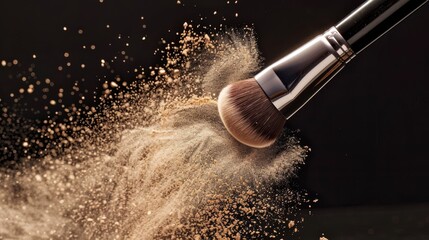 Close-up of a powder brush against a soft backdrop, bristles dusted with powder, showcasing even coverage techniques - obrazy, fototapety, plakaty