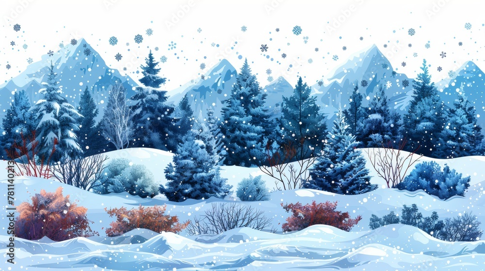Aufkleber Graphitic template in cartoon style with isolated snow caps. A collection of snowy elements on a winter background. Free modern template for your design. Animated snowfall and snowflakes on a winter