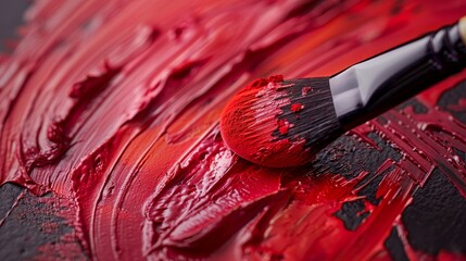 Detailed close-up showcasing the texture of a powder brush and the vibrant stroke of lipstick being applied - obrazy, fototapety, plakaty