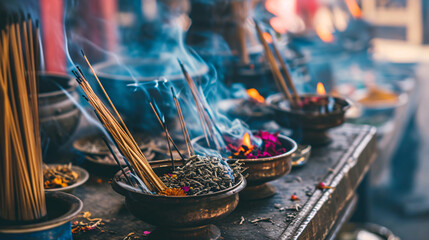 Aromatic Incense Bowls Emitting Tranquil Smoke - obrazy, fototapety, plakaty