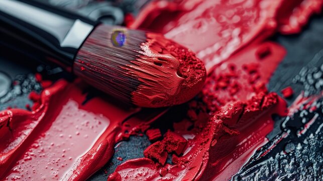 Detailed close-up showcasing the texture of a powder brush and the vibrant stroke of lipstick being applied