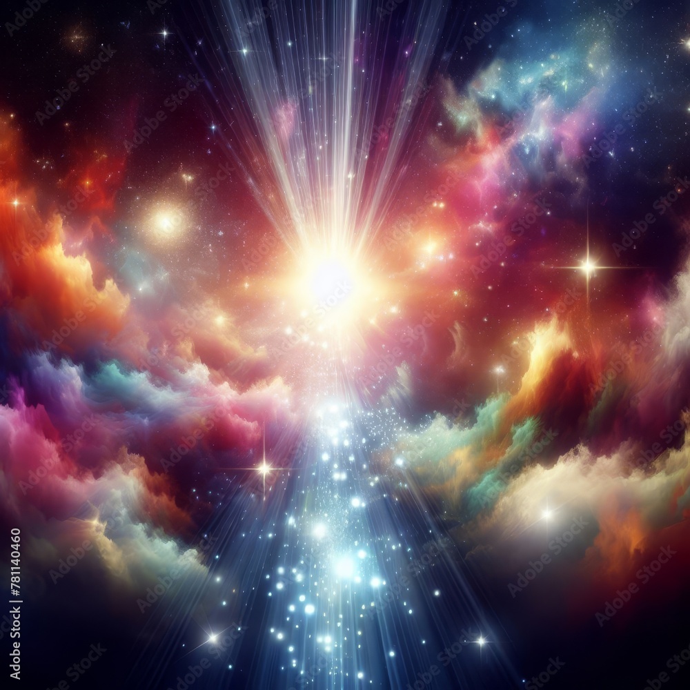 Poster a vibrant depiction of the cosmos with a bright central light source radiating through colorful nebu
