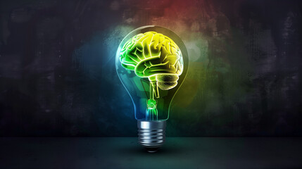 A light bulb with a brain inside of it. The light bulb is green, yellow, and blue
