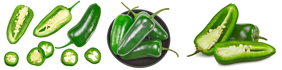 sliced jalapeno peppers isolated on white background. Green chili pepper. Capsicum annuum. clipping...