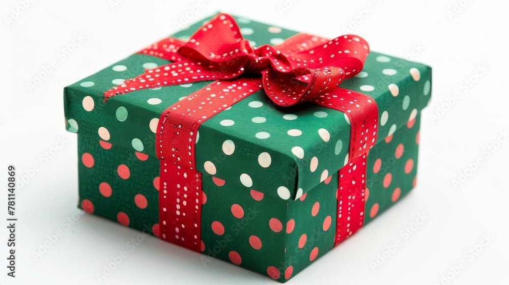 Poster an isolated green and red gift box with a ribbon and bow.