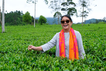 A woman wearing a bright shawl and sunglasses stood in the middle of tea plantation; smiling, happy...