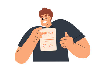 Happy man graduated with diploma. Student after graduation, holding qualification certificate in hands. Education achievement, success. Flat graphic vector illustration isolated on white background