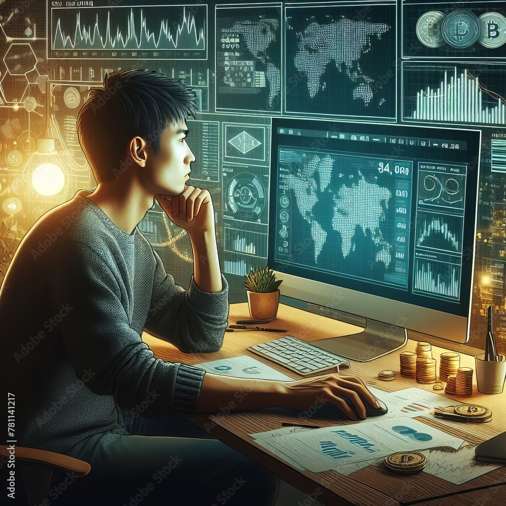 Poster an analyst immersed in cryptocurrency market trends on multiple computer screens, strategizing over 