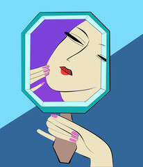 24-78.epsA stylized representation of a female face is shown reflected in an octagonal mirror, with a hint of a pensive or serene expression. The background is split into two shades of blue, creating  - 781141255