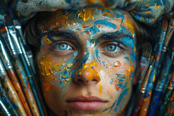 A person surrounded by oil paints and artistic brushes