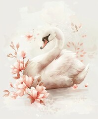 Cute cartoon swan with pastel pink flowers, simple watercolor clipart on light background