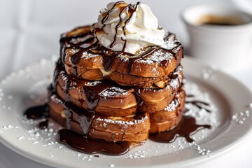 a stack of french toast with whipped cream and chocolate sauce