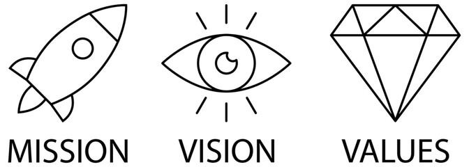 Mission, vision and values symbols. Target with arrow, business view and diamond icons - obrazy, fototapety, plakaty