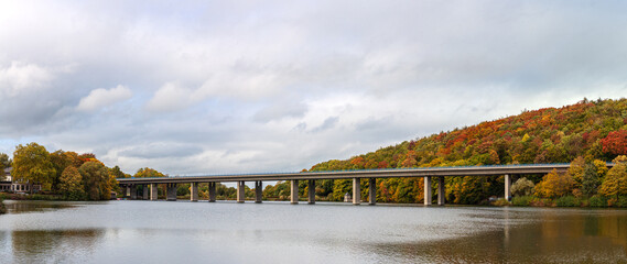 Bridge over Seilersee in Iserlohn, Germany. Autobahn over the pond