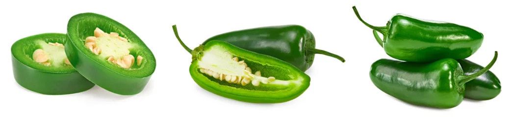 Fotobehang Chili Pepers sliced jalapeno peppers isolated on white background. Green chili pepper. Capsicum annuum. clipping path  © Tatiana