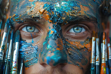 A person surrounded by oil paints and artistic brushes