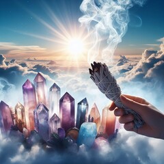 Hand holding a smudging stick aloft amidst towering crystals under a celestial sky, symbolizing purification and spiritual awakening at sunrise.. AI Generation - obrazy, fototapety, plakaty