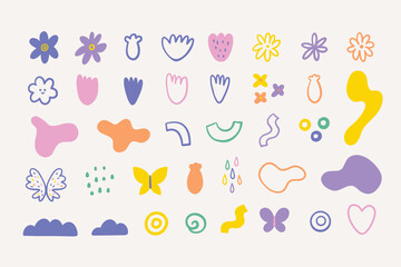 Spring abstract set with flowers in doodle style