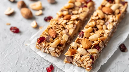 Zelfklevend Fotobehang Two granola bars with nuts and cranberries on the table © 2rogan