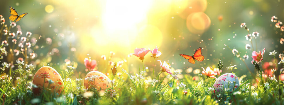 Beautiful Easter background with colorful eggs, flowers and butterflies in the grass