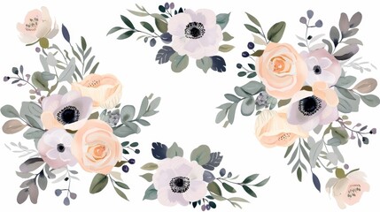 Flower bouquet in modern format: garden pink peach lavender creamy powder pale Rose wax flower, anemone Eucalyptus branch greenery leaves berries. - obrazy, fototapety, plakaty