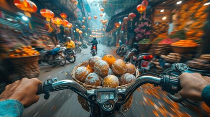 Vibrant Asian Market Scene with Person Riding Bike Delivering Oranges