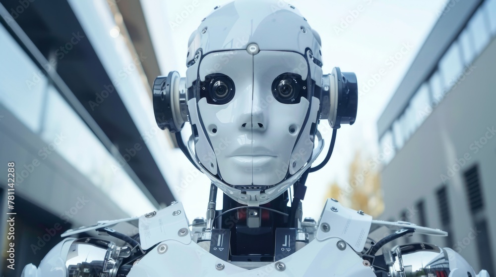 Poster robot standing in front of building
