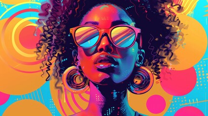 Vibrant Pop Art Portrait of a Young African American Woman with Sunglasses