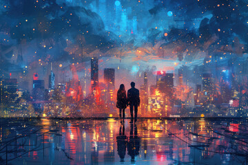 A young couple seated on a skyscraper rooftop amidst city lights - obrazy, fototapety, plakaty