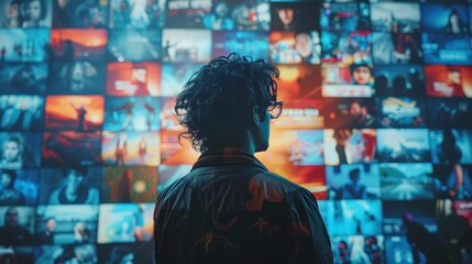 Obraz premium Young Man Experiencing Digital Entertainment Overload in a Vibrant Media Room