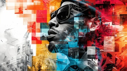 Naklejka na ściany i meble Urban Chic: Young African-American Man in Stylish Sunglasses Against a Vibrant Cityscape Collage
