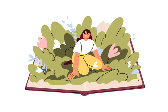 Fantasy, imagination in reading fairytale, fiction book. Reader imagining with creativity, inspiration. Literature adventure concept. Flat graphic vector illustration isolated on white background