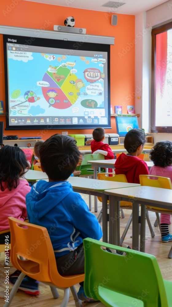 Poster children engaged in interactive learning at a bright classroom setting