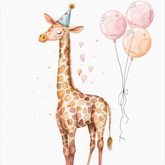 watercolor cute full body giraffe with birthday hat and pink balloons on a white background