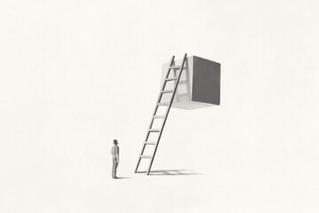 Illustration of man thinking about rising stairs to reach the top of suspended block, risk conceptual