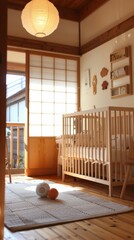 Serene Nursery Room with Wooden Crib and Traditional Japanese Sliding Doors
