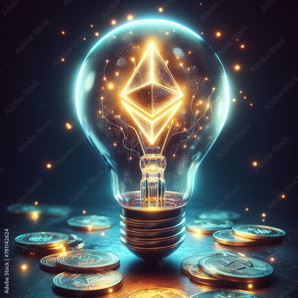 Poster ethereum symbol glowing inside a classic light bulb, casting light on surrounding coins, highlightin