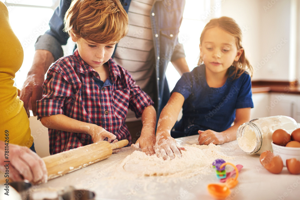 Canvas Prints Family, baking and kitchen for fun with learning with child development. Parents, kids and childhood on weekend for bonding with mess at home on table for memories with cookies, children and happy