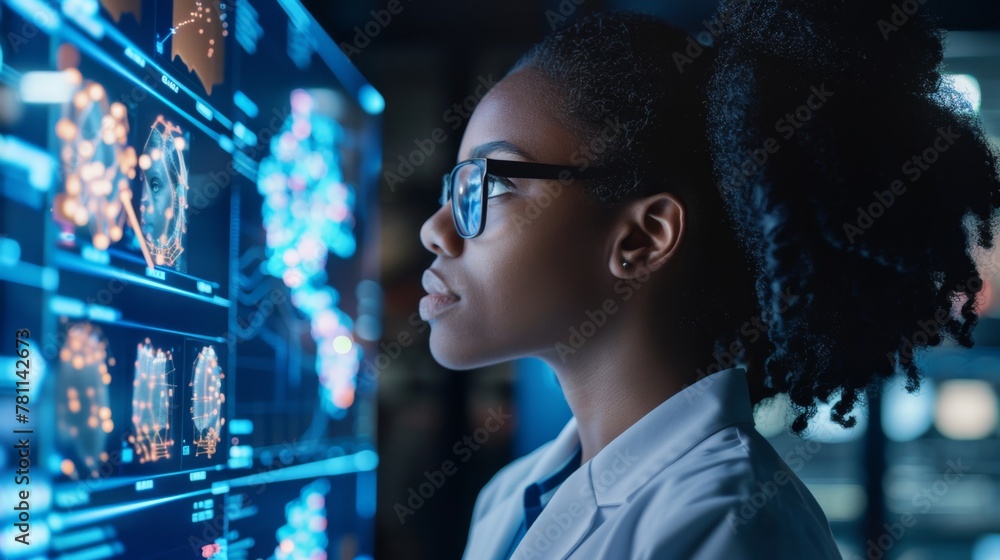 Poster young student exploring advanced robotics technology in lab at night