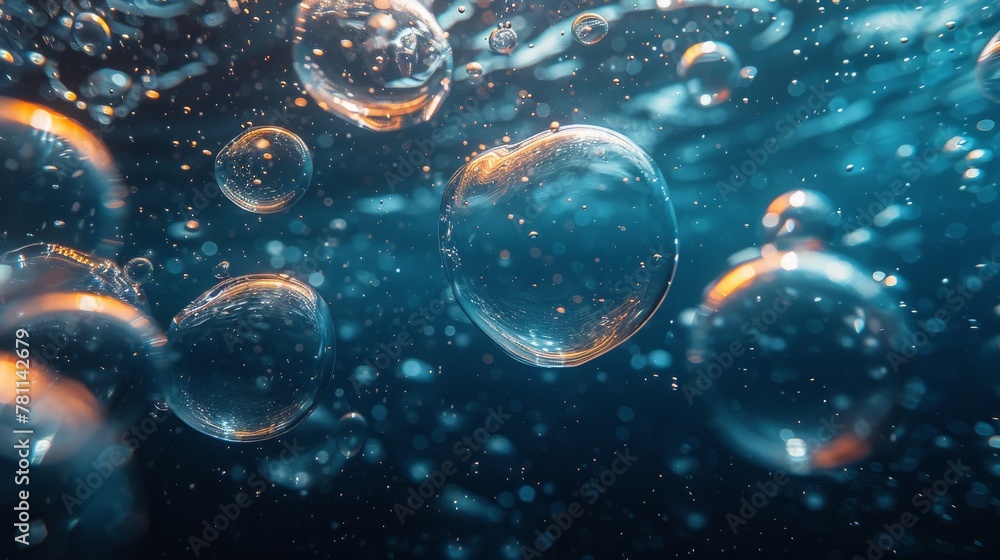 Poster in this underwater modern texture, fizzing air bubbles flow over a transparent background. fizzy dri