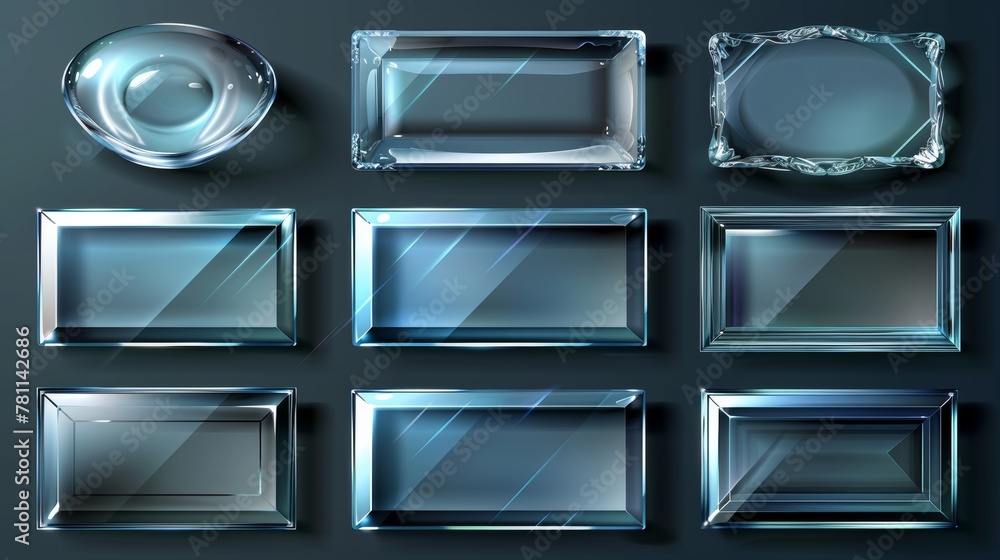 Poster Modern glass plates with inscriptions isolated on transparent background. Flat glass. Realistic design in 3D. Modern transparent object.