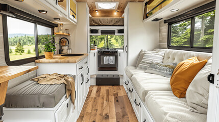 Compact Modern Camper Interior, Stylish and Functional Kitchen Area, Travel and Adventure Lifestyle, Home on Wheels