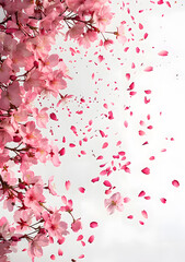 Obraz na płótnie Canvas Petal pattern of pink hues falling from cherry blossom tree on white background