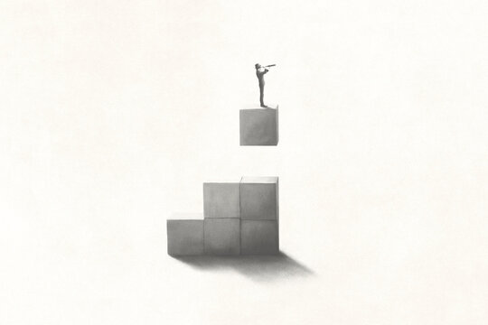 Illustration of man on the top of a suspended cube observing the future, surreal concept