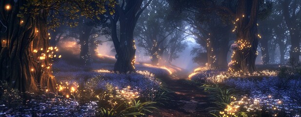 Enchanted forest with magical lights and flowers